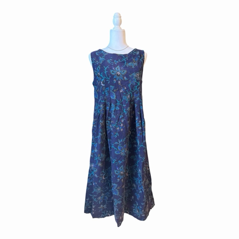 Vintage 90s Laura Ashley Blue Floral Corduroy Midi Dress US 12 - Picture 2 of 6